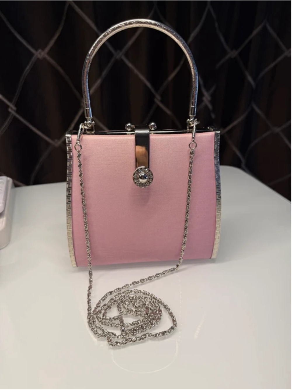 Vintage Pink Satin Evening Bag With Chain Strap